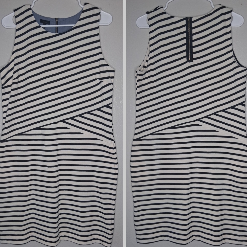 Talbots Classic Striped Sleveeless Sheath Dress Pockets Cream Black Coastal Sz M